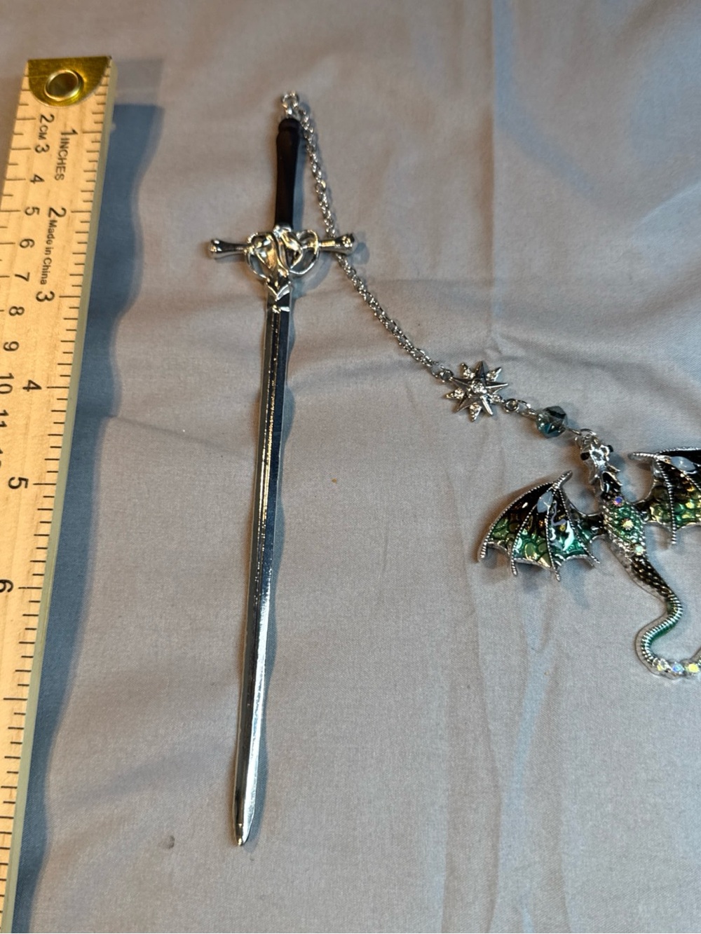 Silver Sword Bookmark with Green Dragon Charm